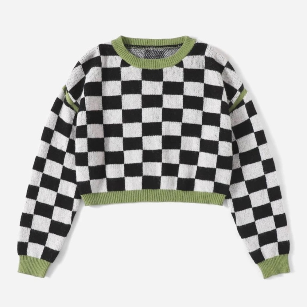 SHEIN Black and White Checkered Sweater with Green Accents